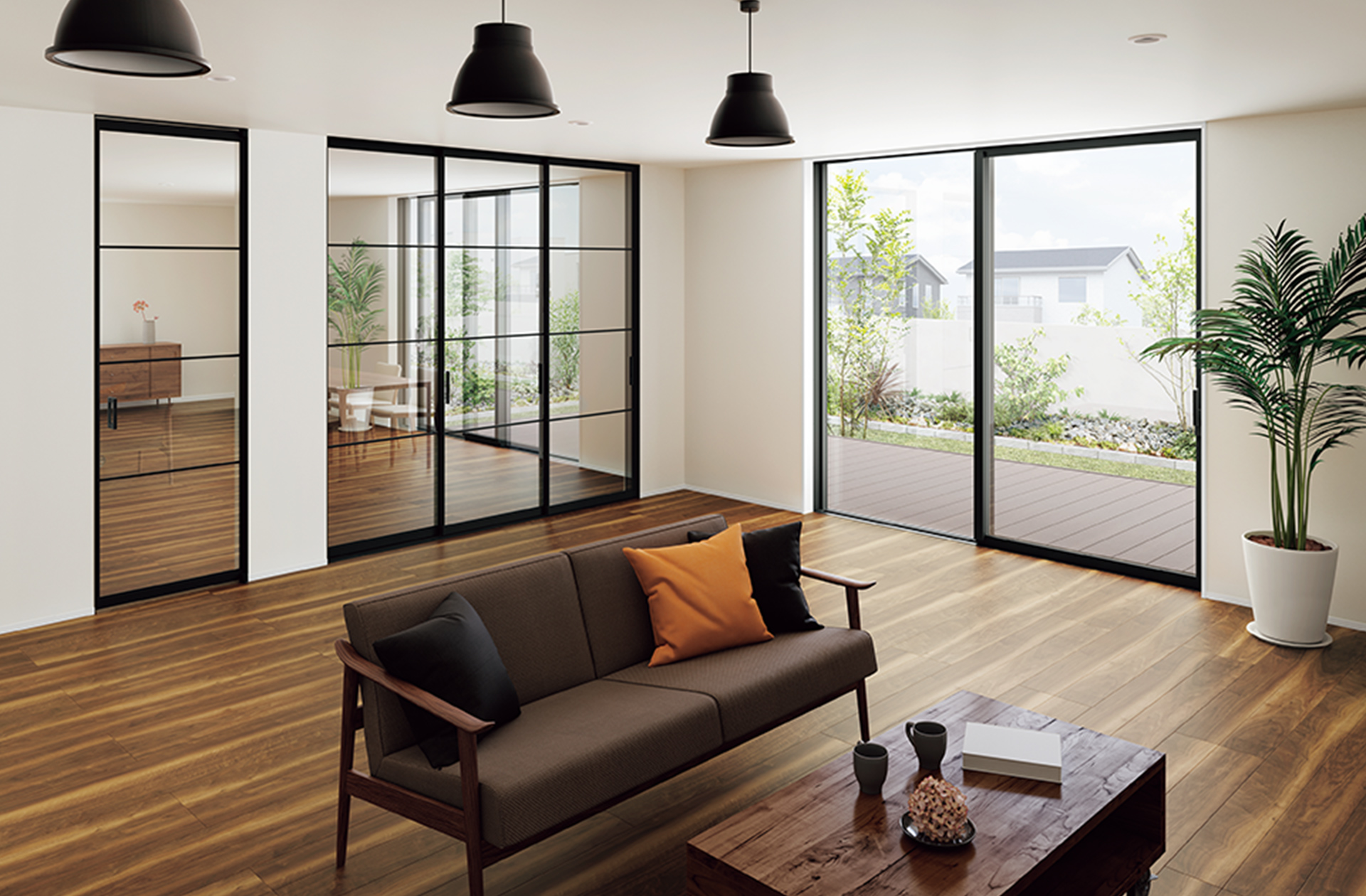 ガラス引き戸で開放感のある空間を！間切りは「室内窓」もおすすめ！ イメージ